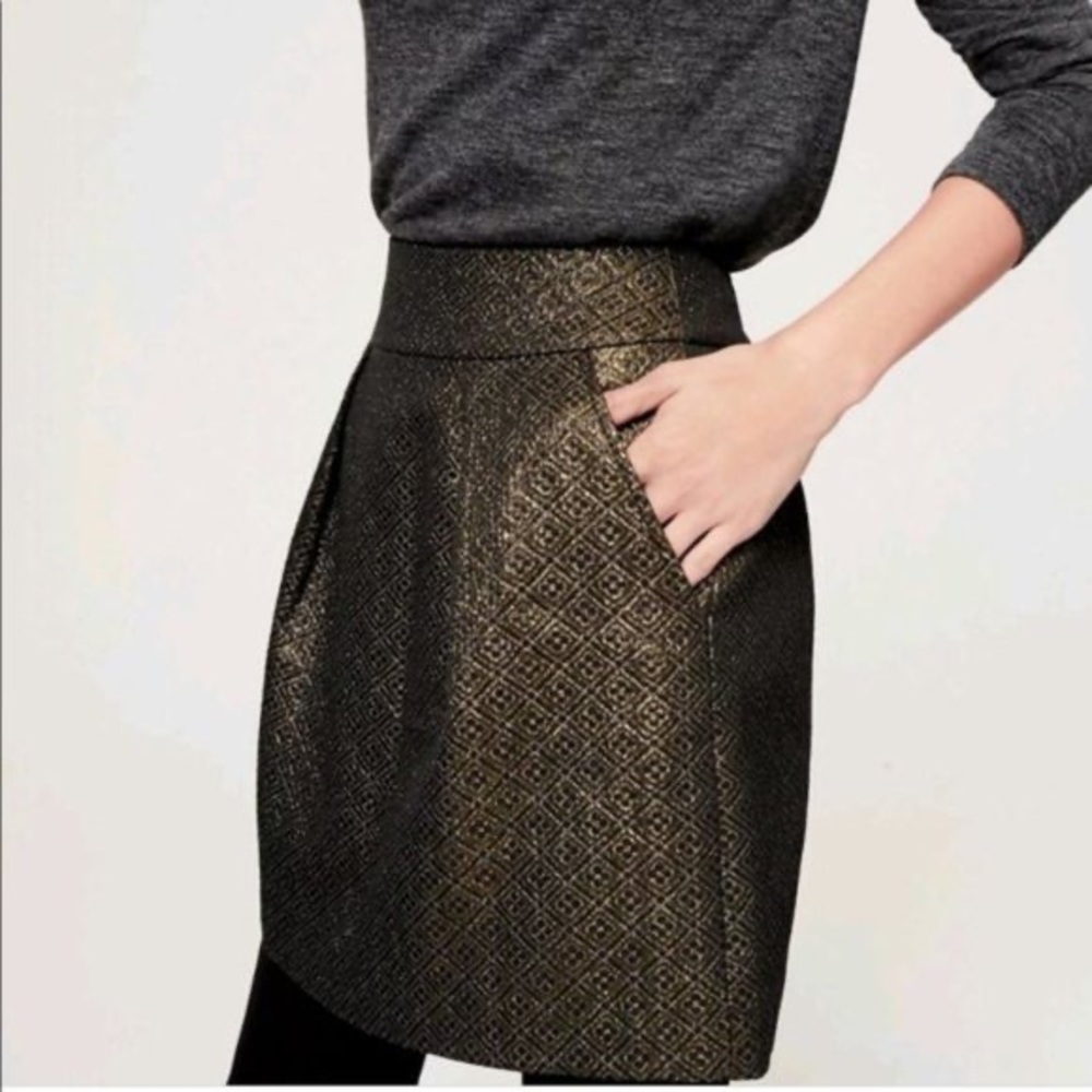 Loft Skirt Gold Metallic Brocade Pockets Pleated